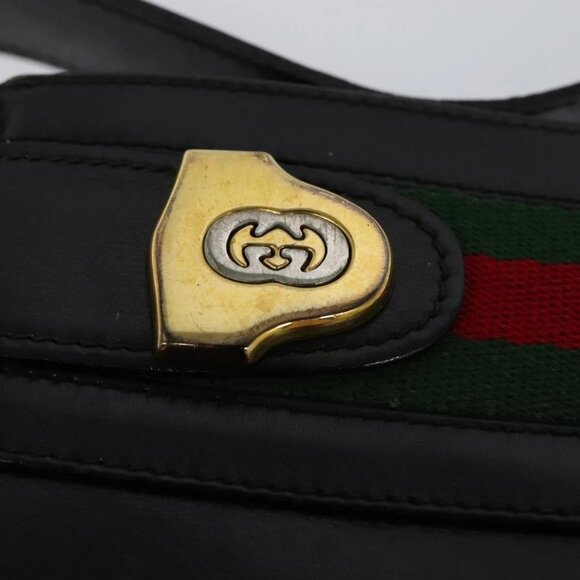 GUCCI Web Sherry Line Shoulder Bag Leather Black Gold Red Auth IN032 - Picture 9 of 16